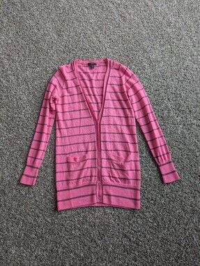 J Crew 100% Merino Wool Striped Long Cardigan Size Medium Pink